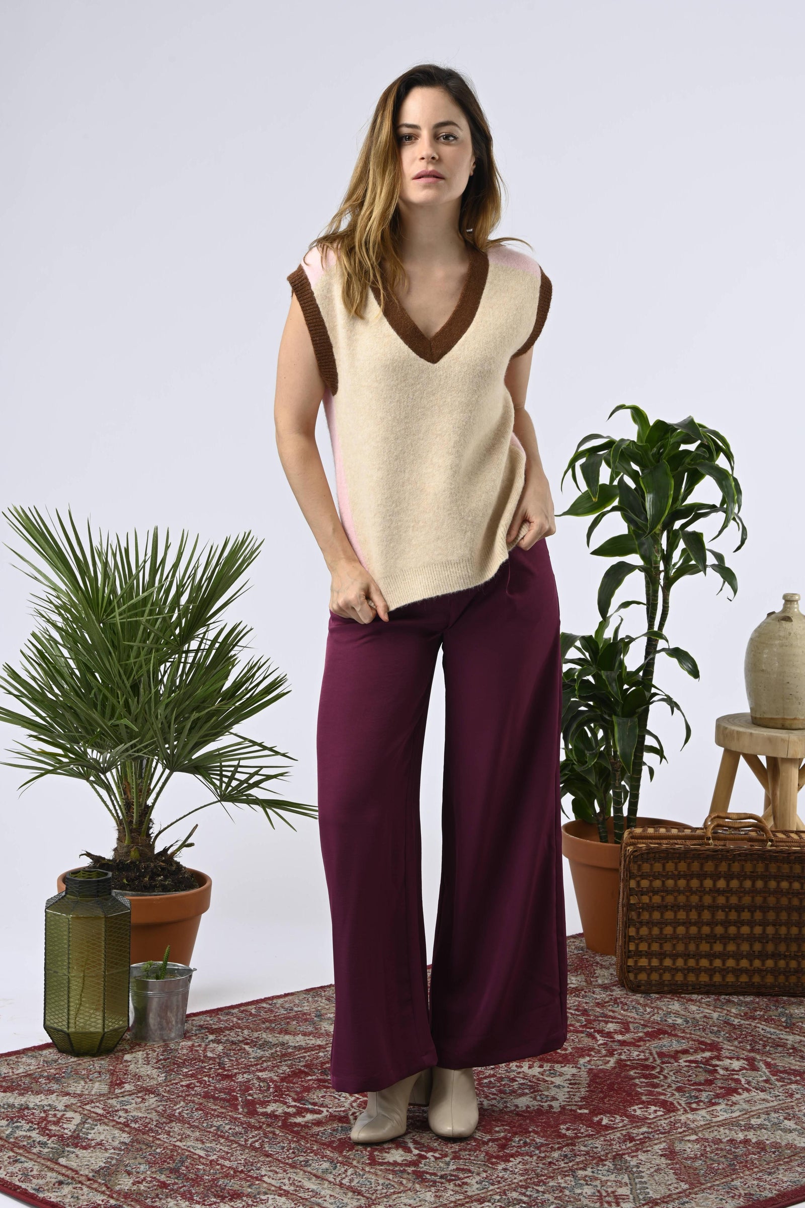 Sweater Iola Rosa Bordo y Beige