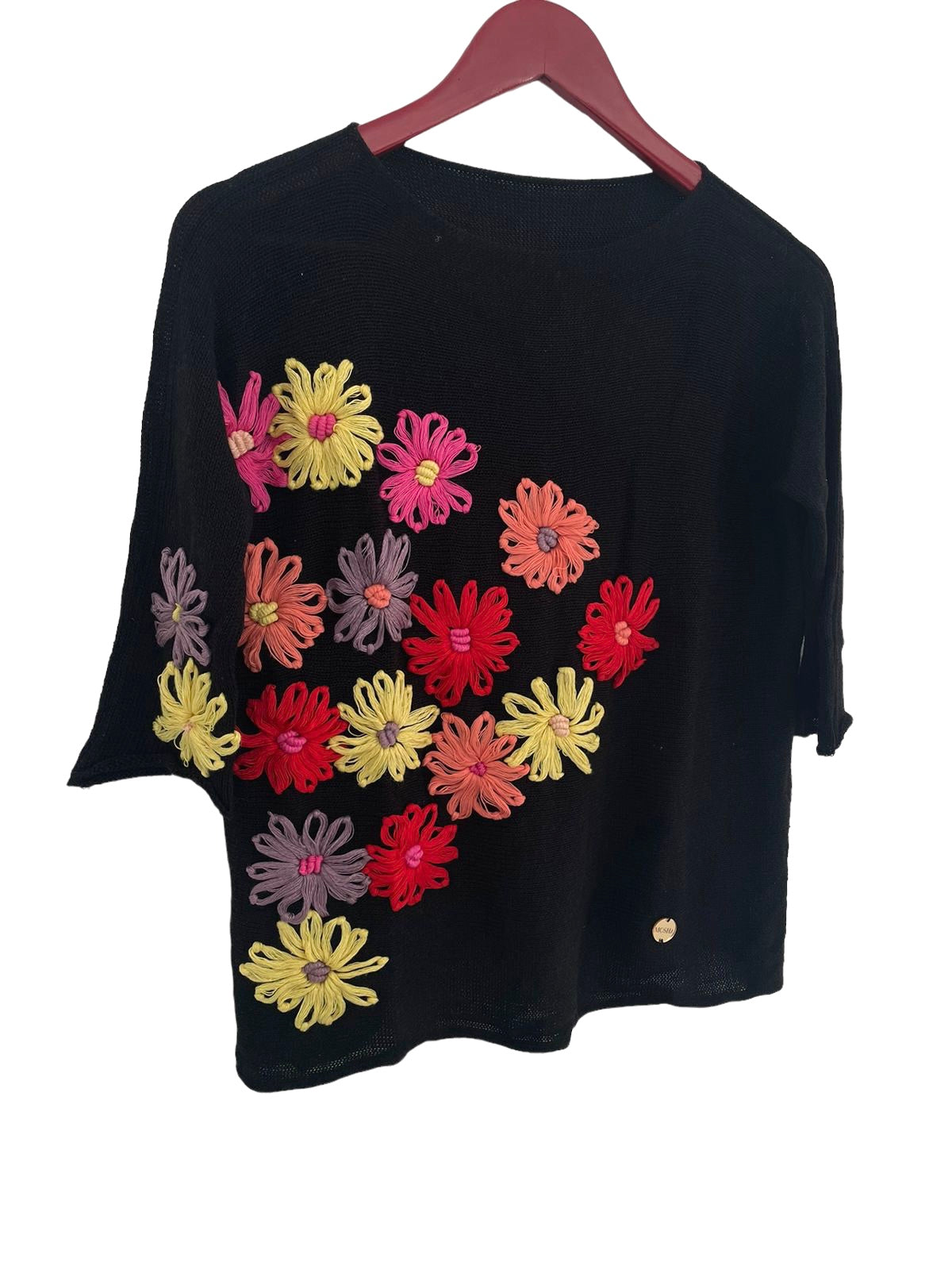 Sweater Madrigal Negro Flores Fucsia